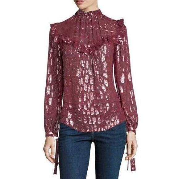 NWT Veronica Beard Red Silver Long Sleeve Mock Neck Brooks Blouse Womens 4 - Picture 1 of 10